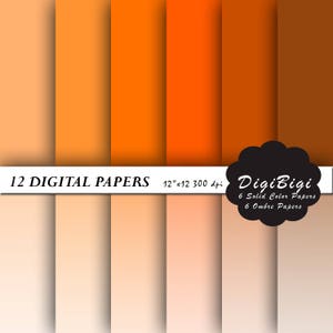 Puede incluir: Doce papeles digitales en tonos naranja y marrón. Seis papeles de color sólido y seis papeles degradados. Cada papel mide 30,5 cm por 30,5 cm y 300 dpi.
