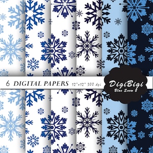 Blue Snowflake Digital Paper, Christmas Digital Paper, Snowflake Patterns, 12 x 12, Blue Christmas Background, Seamless Snowflake Backgound