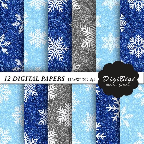 Glitter Snowflakes Digital Paper, Christmas Digital Paper, Printable Christmas Paper, 12 x 12, Silver Blue Glitter Snow, Scrapbook Paper