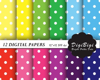 Rainbow Polka Dot Digital Paper: 12"x12" Scrapbook Backgrounds (Digital Download)