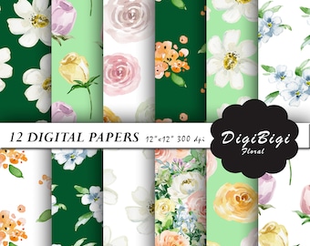 Floral Digital Paper, Watercolor Flowers Digital Paper, Watercolor Flowers Patterns, 12 x 12, Floral Background, Printable paper, Scrapbook