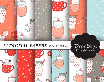 May include: Twelve digital papers featuring a repeating pattern of cute cats wearing party hats and sitting in mugs. The papers are in various colors, including red, pink, blue, and gray, and feature polka dots and stars.