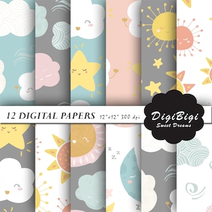 Carta digitale Sogni Dolci, Carta Digitale Bambino, Modelli per bambini, Sfondo del Bambino, Carta scrapbook bambino, Carta Digitale Stars Sun Cloud