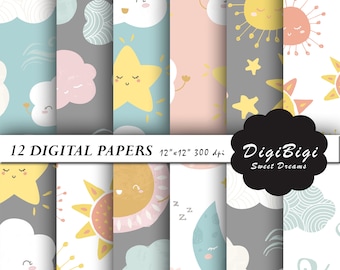 Sweet Dreams Digital Paper, Baby Digital Paper, Baby Patterns, Baby Background, Baby Scrapbook Paper, Stars Sun Cloud Digital Paper