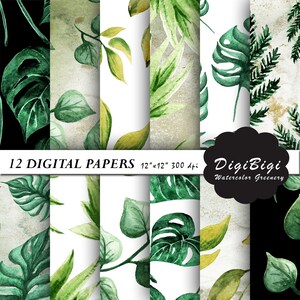 Watercolor Greenery Digital Paper, Tropical Digital Paper, Watercolor Leaves Patterns, Greenery Background, Leaves Scrapbook Paper