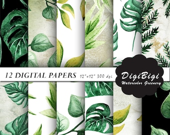 Watercolor Greenery Digital Paper: Tropical Leaves Scrapbook Patterns (Digital Download)