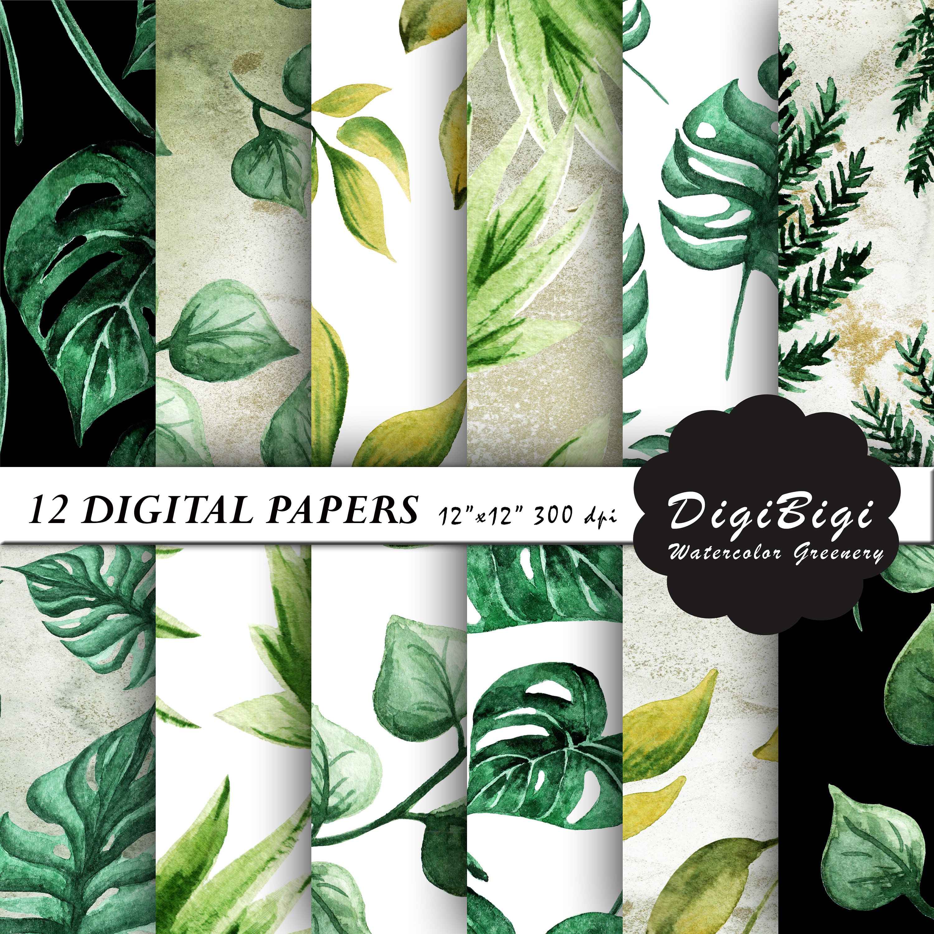 Craft Supplies & Tools Watercolor Greenery Digital Paper Seamless ...