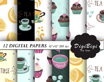 Tea Time Digital Paper, Tea Party Digital Paper, Tea Cup Patterns, Tea and Coffee Background, Tea Scrapbook Paper, Tea Cup Digital Paper