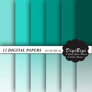 May include: Twelve digital papers in shades of teal and blue. Six solid color papers and six ombre papers. Each paper is 12 inches by 12 inches and 300 dpi.