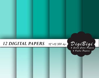 Blauwgroen ombre digitaal papierpakket: aquamarijn effen kleuren (digitale download)