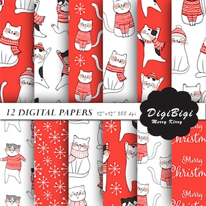 Süße Katze Digitalpapier, nahtlose Katze Weihnachten Digitalpapier, nahtlose Katze Hintergrund, 12 x 12, Kitty Digitalpaper, Weihnachtshintergrund