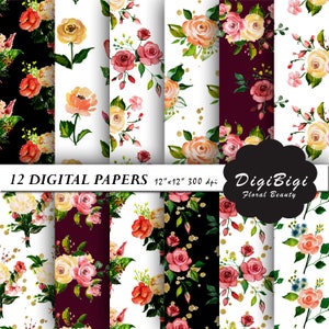 Watercolor Flowers Digital Paper, Floral Digital Paper, Watercolor Flowers Patterns, 12 x 12, Floral Background, Printable floral paper