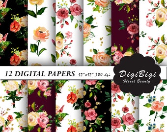 Watercolor Flowers Digital Paper, Floral Digital Paper, Watercolor Flowers Patterns, 12 x 12, Floral Background, Printable floral paper