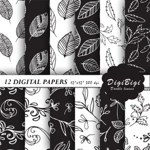 Black and White Floral Digital Paper, Botanical Digital Paper, Doodle Leaves Patterns, 12 x 12, Seamless Doodles, Black and White Doodles