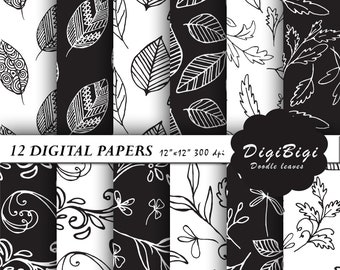 Floral Doodle Digital Paper: Black and White Botanical Patterns (Digital Download)