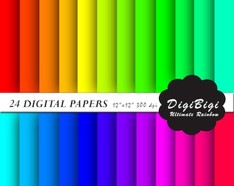May include: 24 digital papers in a rainbow color gradient, each 12 inches by 12 inches, 300 dpi. DigiBigi Ultimate Rainbow.