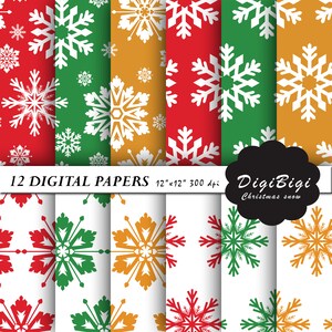 Snowflake Digital Paper, Seamless Christmas Digital Paper, Red Green Snowflake Paper, Seamless Snowflake Backgound, 12 x 12, Red Christmas