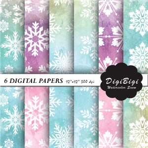 Snowflake Digital Paper, Christmas Digital Paper, Snowflake Patterns, 12 x 12, Christmas Background, Watercolor Snowflake Backgound