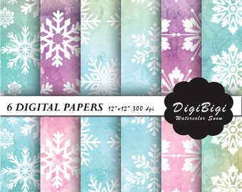 Snowflake Digital Paper, Christmas Digital Paper, Snowflake Patterns, 12 x 12, Christmas Background, Watercolor Snowflake Backgound