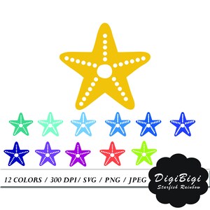 Puede incluir: Un conjunto de 12 ilustraciones de estrellas de mar de colores en varios tonos de azul, verde, morado, rojo y amarillo. Las estrellas de mar están delineadas en blanco y tienen un punto blanco en el centro. Las ilustraciones son de 300 DPI y están disponibles en formatos SVG, PNG y JPEG. El texto "DigiBigi Starfish Rainbow" está en la parte inferior de la imagen.
