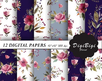 Watercolor Flowers Digital Paper, Seamless Floral Digital Paper, Watercolor Flowers Patterns, 12 x 12, Floral Background, Printable paper