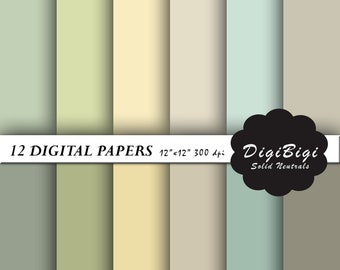 May include: Twelve digital papers in a variety of neutral colors, including green, yellow, beige, and blue. The papers are 12 inches by 12 inches and 300 dpi. The text "DigiBigi Solid Neutrals" is in a black cloud shape.