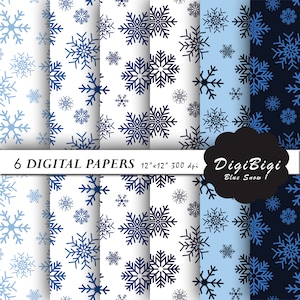 Blue Snowflake Digital Paper, Christmas Digital Paper, Snowflake Patterns, 12 x 12, Blue Christmas Background, Seamless Snowflake Backgound