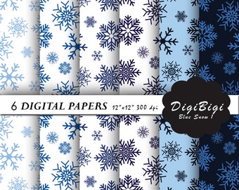 Papel digital azul copo de nieve, papel digital de Navidad, patrones de copo de nieve, 12 x 12, fondo de Navidad azul, copo de nieve sin costuras Backgound