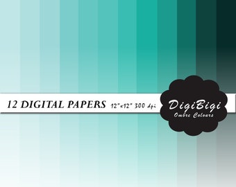 Puede incluir: Doce papeles digitales en tonos de azul y verde, que van de claro a oscuro. Los papeles miden 30,48 cm por 30,48 cm y tienen una resolución de 300 dpi. El texto "DigiBigi Ombre Colours" está en una nube blanca con un contorno negro.