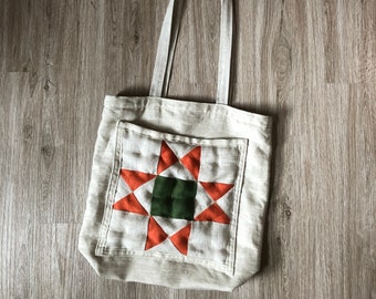 Quilted Linen Tote - Handmade 100% Linen Tote - Classic Quilt Square Pocket