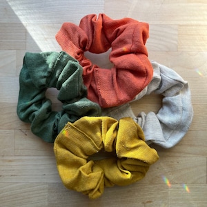 Linen Scrunchie Set - Set of 4 100% Linen Scrunchies in Beige, Yellow, Orange, and Green