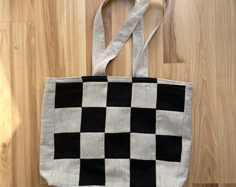 Bolso tote de lino a cuadros hecho a mano – Negro y beige