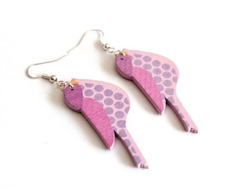 Purple/pink bird wooden earrings