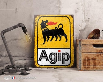 Decorative metal plate AGIP oil for motor old Italian cars, vintage garage decoration.