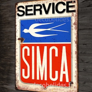 Decorative metal plate for garage &quot;Service Simca&quot; 60&#39;s style vintage enamel plate