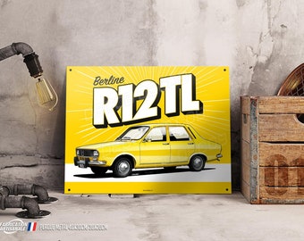 Yellow R12 TL sedan metal plate, vintage Renault 12 garage decoration.