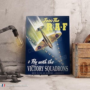 Metal plate deco aviation, reproduction poster WW2 &quot; join the RAF and fly with the victory squadron &quot; aircraft spitfire.