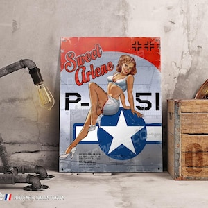 Vintage decorative metal plaque nose art P-51D Mustang &quot;Sweet Arlene&quot; warbird aircraft WW2