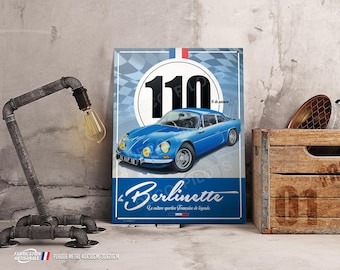 Artwork Alpine Renault A110 Berlinette printed on decorative metal plate, classic sport&rally