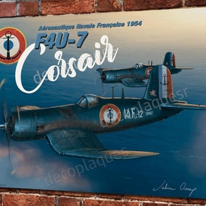 Artwork warbird Corsair F4U-7 French naval air printed on decorative metal plate, illustration Julien Camp.