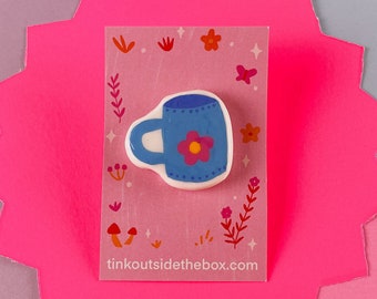 Blue Flower Mug Pin - Handmade Clay Pin