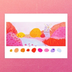 Windmill Landscape Painting, Landscape Art Print, Gouache Painting, Landscape Wall Art, Boho Wall Art