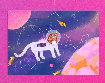 Space Tiger Art Print, Kids Nursery Decor, Solar System Poster