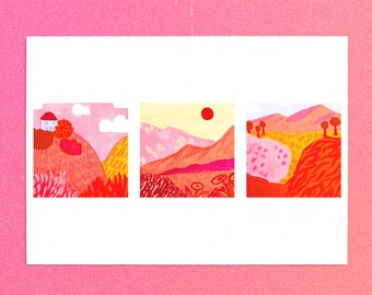 Landscape Trio Art Print, Landscape Wall Art, Landscape Painting, Boho Decor, Gouache Painting, Illustration Print