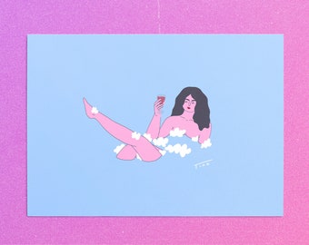Bubble Bath Art Print, Self Care Illustration, Bathroom Decor