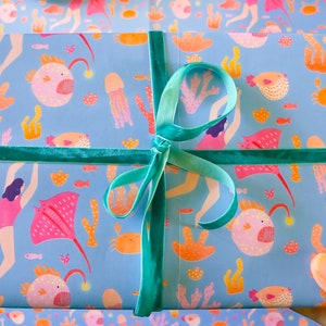 Gift Wrap of Diver and Sea Creatures // Wrapping Paper // Birthday Gift Wrap // Present Wrapping // Illustrated Gift Wrap image 4