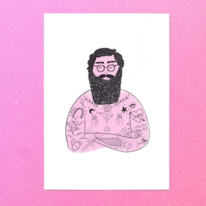 Impression d&#39;art homme tatoué, cadeau pour amateur de tatouage, illustration de cirque, illustration de tatouage, cadeau pour lui, illustration de barbe, impression homme barbu