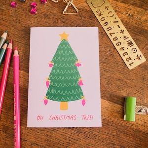 Oh cartão de árvore de Natal, cartão de Natal ilustrado, ilustração de Natal vintage, cartão de Natal kitsch