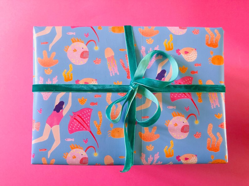 Gift Wrap of Diver and Sea Creatures // Wrapping Paper // Birthday Gift Wrap // Present Wrapping // Illustrated Gift Wrap image 2