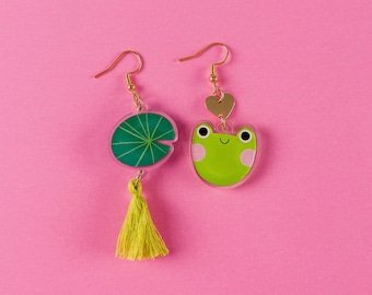 Froggy Earrings, Mismatched Earrings, 24k Gold Plated Brass, Recycled Acrylic, Summer Accessories, Floral Jewellery, Handmade Jewellery